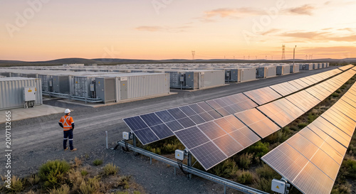 Professional engineer standing at massive solar battery storage facility