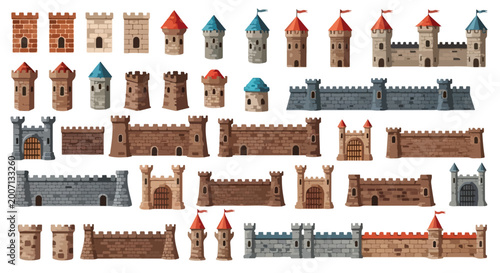 Foto Medieval castle walls and towers vector set, ancient stone fortress construction