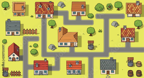 Photos Pixel art village map with houses and roads, retro 2D game environment vector, t