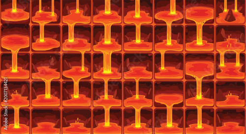 Slika na platnu Molten lava waterfall game tiles, 2D platformer magma level assets, glowing volc