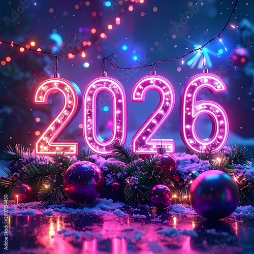 A festive scene with neon-lit 2026 surrounded by ornaments
