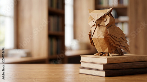 Paper owl on book stack in warm library mindful leader decor study art