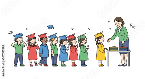 Φωτογραφία Kindergarten Graduation Ceremony: Diverse Kids in Caps and Gowns Receive Diploma