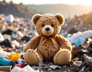 A teddy bear sits alone amidst a vast expanse of discarded waste