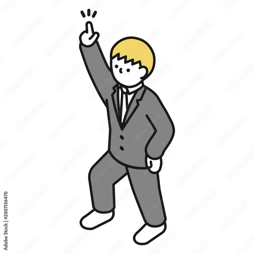 Obraz premium アイソメトリックイラスト：人差し指を上に指すスーツ男性