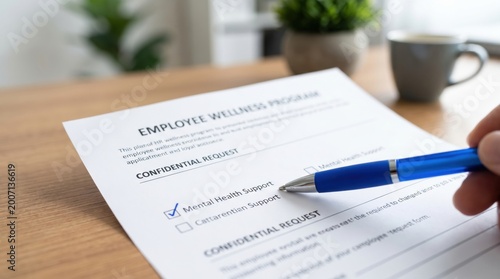 Mental Health Workplace Policy concept. Person filling out employee wellness mental health support form with pen