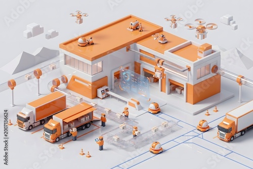 Automated 3D warehouse and logistics center with robots, drones, and delivery trucks