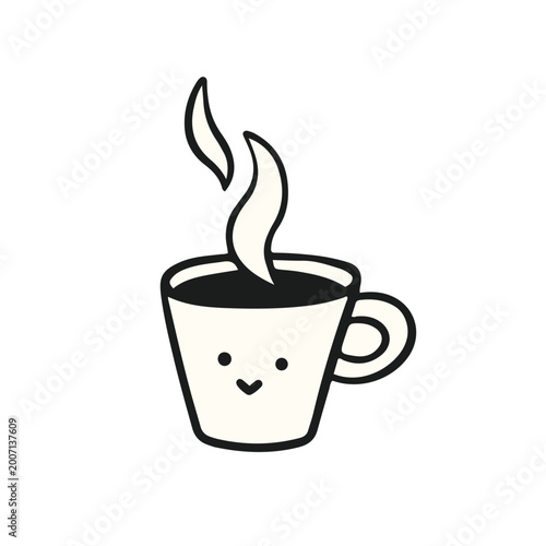 Cute cartoon coffee cup with a happy face and steam rising, simple black and white line art illustration.