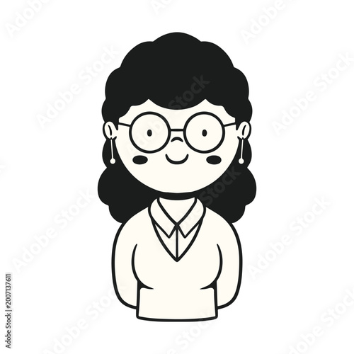 Cute black and white cartoon illustration of a smiling woman with curly hair, glasses, and earrings, wearing a sweater and collared shirt.