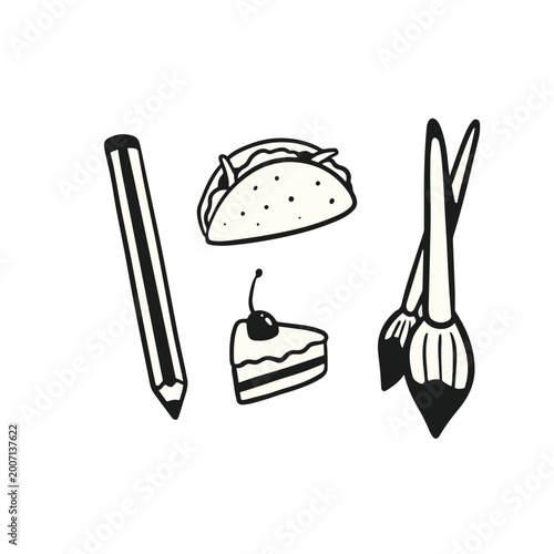 Hand-drawn doodle style illustrations featuring a pencil, taco, cake slice, and paintbrushes on a white background.