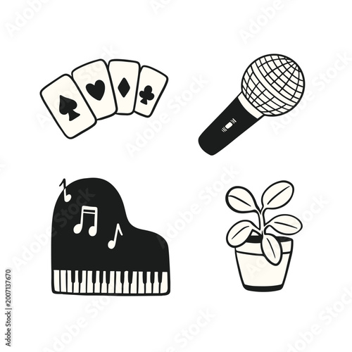 Hand-drawn black and white icons of playing cards, a microphone, a grand piano with musical notes, and a potted plant.
