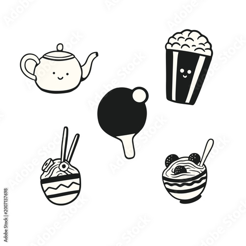 Cute black and white doodle illustrations of a teapot, popcorn, ping-pong paddle, noodles, and dessert.