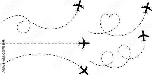 Airplane route with dotted flight path. Flying plane symbol with twisted, curved, straight and heart shape dashed trace path. 