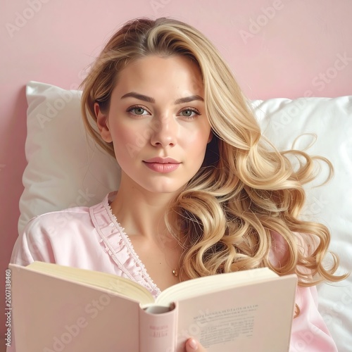 A woman reading a book while lying on a pillow