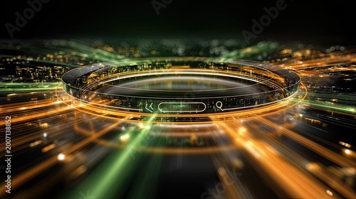 Futuristic circular interface with glowing lines on a dark background