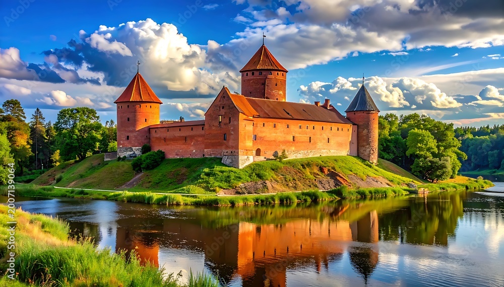 Fototapeta premium A majestic red castle on a hill surrounded by a serene lake