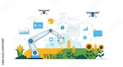 Bild auf Leinwand Smart Farming Technology: Drone and Robotic Arm in a Field with Data Visualizati