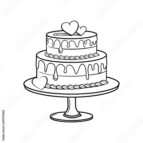 Outline vector illustration of a two tiered decorated cake on a cake stand. Decorated cake outline design for festivals.