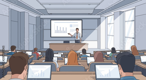 Tableau sur toile Business Presentation in Modern Classroom with Students Using Laptops