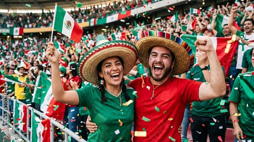 Excited Mexican Fans Celebrating with Flags
