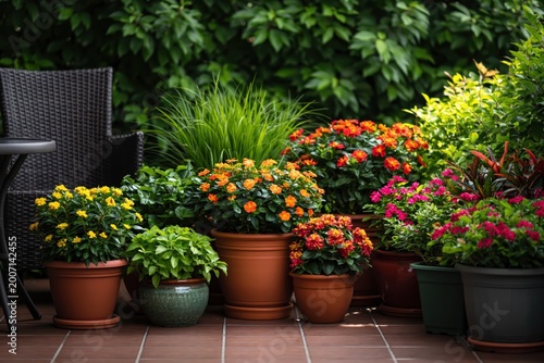 Beautiful collection of colorful blooming flowers and potted plants arranged on tiled garden terrace with chair. High quality photo