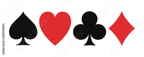 Valokuva Four playing card suits icons spade heart club diamond red and black symbols