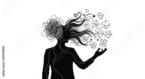 Silhouette of a person with complex thoughts transforming into organized geometric shapes on white background