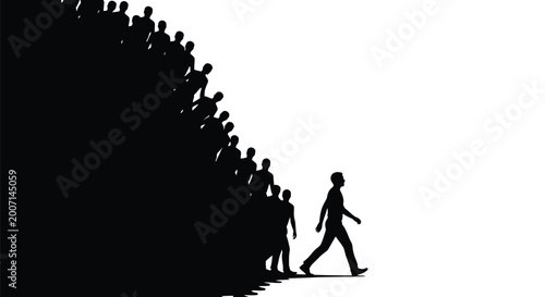 One man walking away from a large crowd of silhouettes isolated on a white background