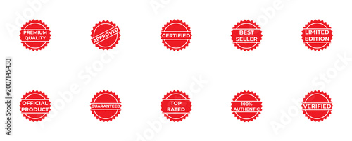 Red Stamp Badges Set of 10 – Premium Quality, Approved, Certified, Best Seller, Limited Edition, Official Product, Guaranteed, Top Rated, 100% Authentic and Verified. transparent Vector Illustration