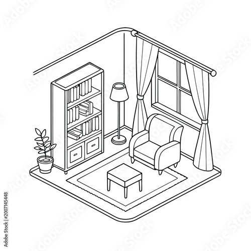 Isometric vector illustration of a living room design showcasing a sofa, coffee table, stand lamp and bookshelf on a white background. Simple line art with a minimalist aesthetic living room design.