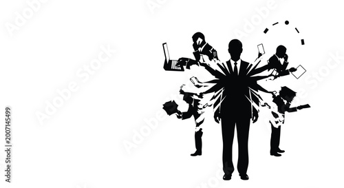 Professional businessman multitasking with many arms while working on multiple projects in a corporate office setting