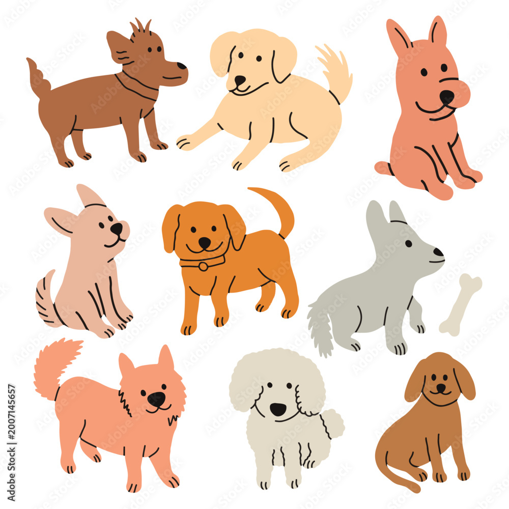 Obraz premium Cute hand drawn dog characters and puppy doodle set. Adorable cartoon dog breeds collection vector illustration. Set of friendly puppy doodles for pet shop and animal design
