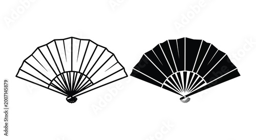 Two folding fans in black and white line art and solid silhouette