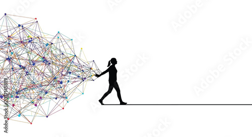 Silhouette of a young woman walking forward while touching a vibrant colorful digital data network