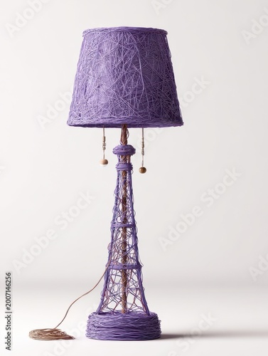 Decorative Purple Beaded Table Lamp with Warm Light and Intricate Base on White Background