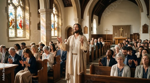 Jesus christ standing in a church with a congregation praying