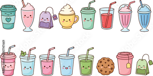 Slika na platnu Cute Kawaii Drinks And Beverages Characters Set Vector Illustration Isolated Whi
