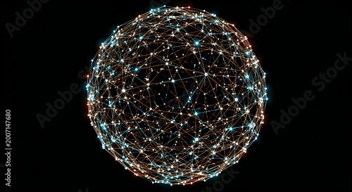 3d network globe with glowing nodes and interconnected data flow on black background