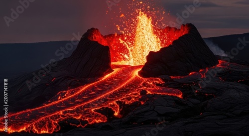 Volcanic eruption with glowing lava flow at sunset