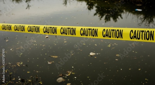 Yellow Caution Tape Stretched Across Polluted Water Surface