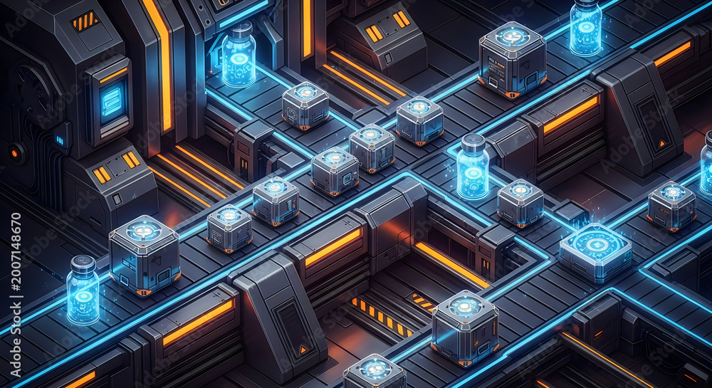 Fototapeta premium Futuristic sci-fi laboratory with neon blue and orange glowing circuits