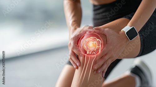 Athlete holding painful knee with glowing inflammation, close up