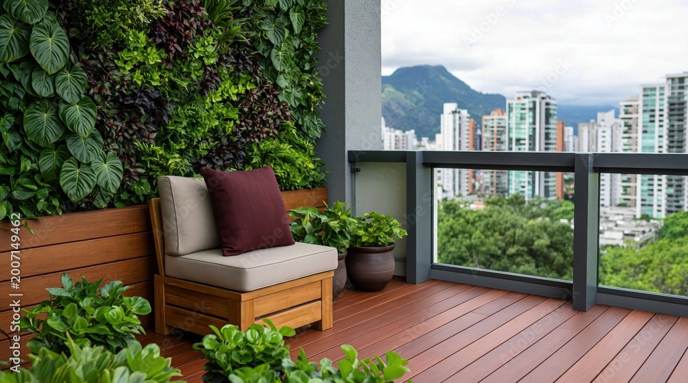 Fototapeta premium Cozy outdoor balcony featuring wooden chair, lush vertical garden wall, and scenic view of modern city skyline with distant mountains. High quality photo