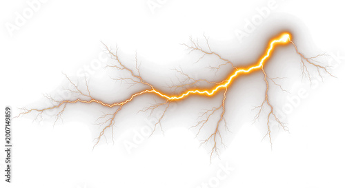 Golden lightning bolt on white background, powerful electric discharge with orange sparks, glowing energy strike for design overlays