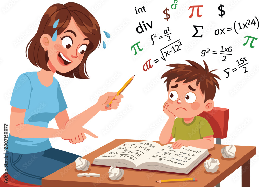 Fototapeta premium Stressed mother trying to explain complex math formulas to her confused and bored young son during a difficult homeschooling session