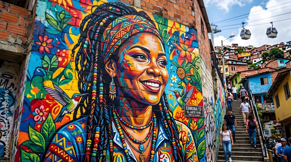 Naklejka premium Vibrant Street Art Mural of a Smiling Woman in Comuna 13, Medellín, Colombia, with Urban Landscape and Cable Cars
