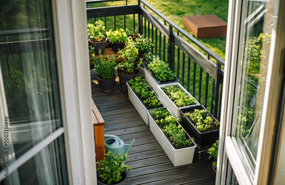 Naklejka premium View from inside apartment looking out onto wooden balcony filled with potted herbs and vegetables growing in containers during sunny day. High quality photo
