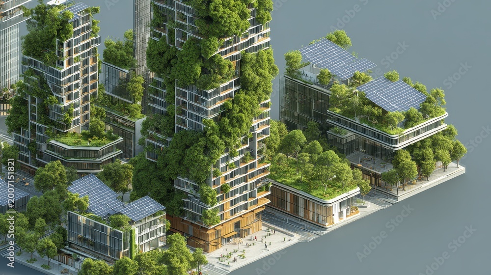 Obraz premium Sustainable architecture concept, modern city with greenery and clean energy devices, high detail, 3D illustration.