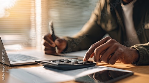 Hands using calculator and pen for financial calculations, laptop nearby