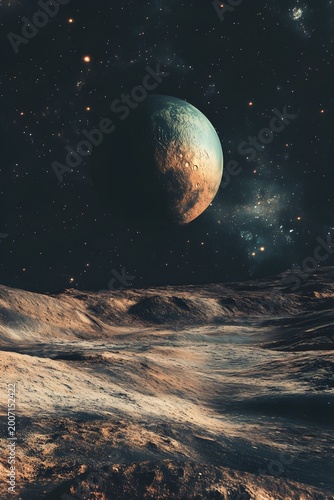 Futuristic space landscape with planet and rocky terrain